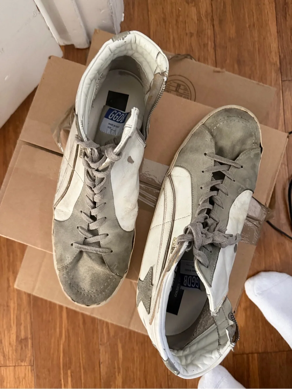 Golden Goose White and Gray Slide Mid-Top Sneakers